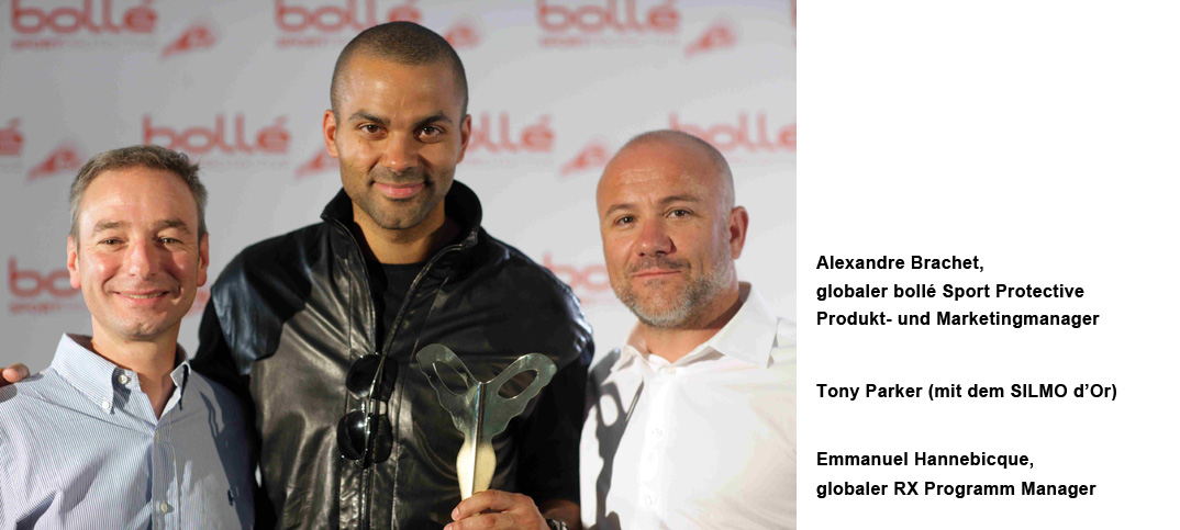 Alexandre Brachet, globaler bollé Sport Protective Produkt- und Marketingmanager, Tony Parker und Emmanuel Hannebicque, globaler RX Programm Manager