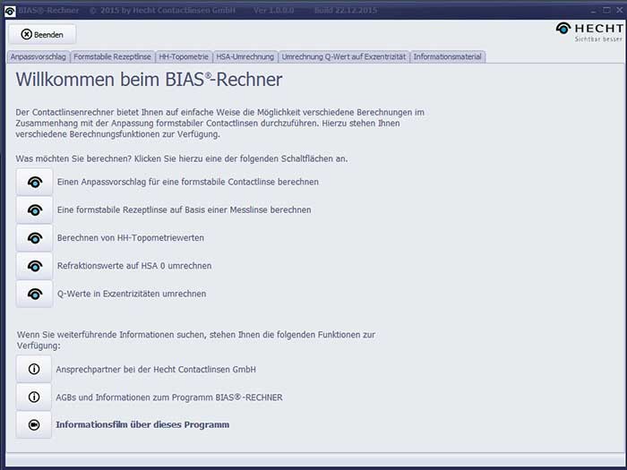 Sollten Sie nicht mit dem OCULUS Keratograph oder der Pentacam anpassen, bietet Hecht Contactlinsen Ihnen den kostenlosen BIAS-Rechner an