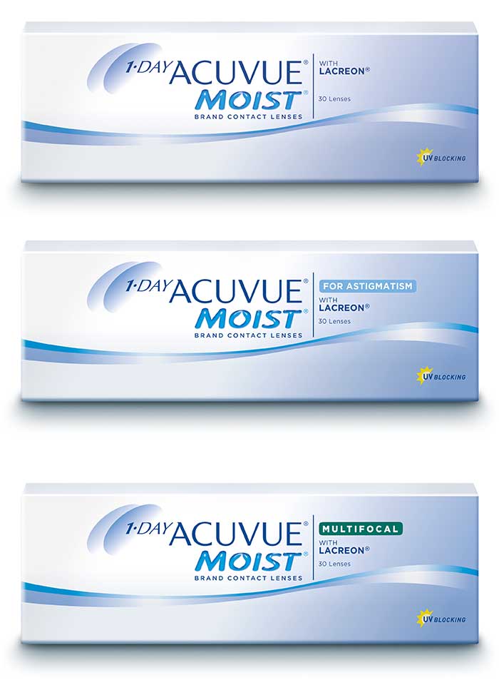 Die sphärischen, torischen und multifokalen 1-DAYACUVUE® MOIST Tageslinsen sind speziell für sensible Augen