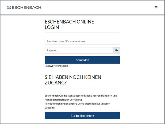 Unter www.eschenbach-optik-online.com gelangen Sie zum Anmelde-Bildschirm für Eschenbach Online.
