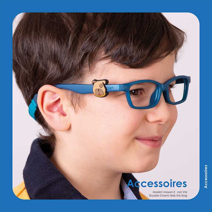 Sammelbare Charms die mit lustigen Motiven und Tierfiguren die Bügel der Miraflex Brillen verzieren