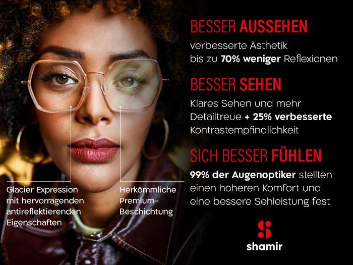 Shamir Glacier Expression. Die neue Entspiegelung, für deutlich mehr Komfort und mehr Ausdruck