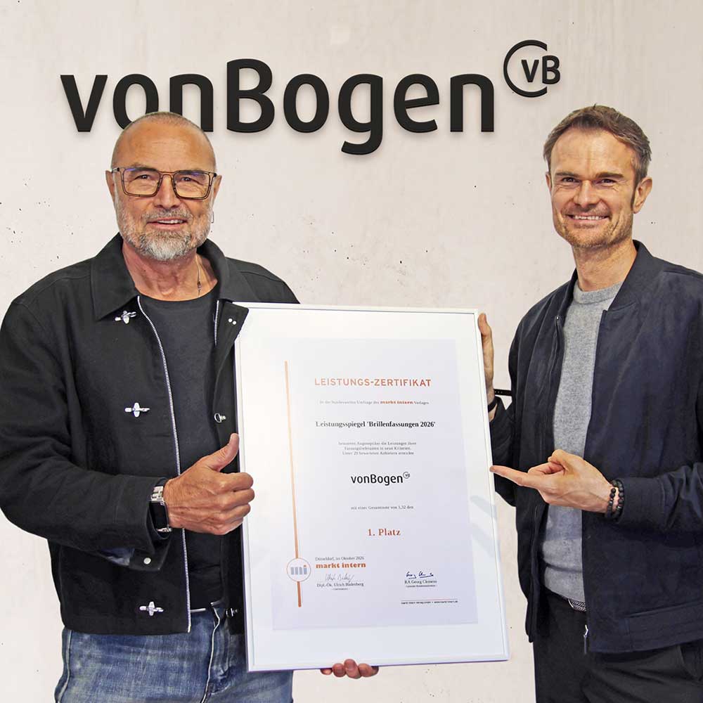 vonBogen erreichte den 1. Platz und den Gesamtsieger beim deutschlandweiten marktIntern Leistungsspiegel Brillenfassungen 2026